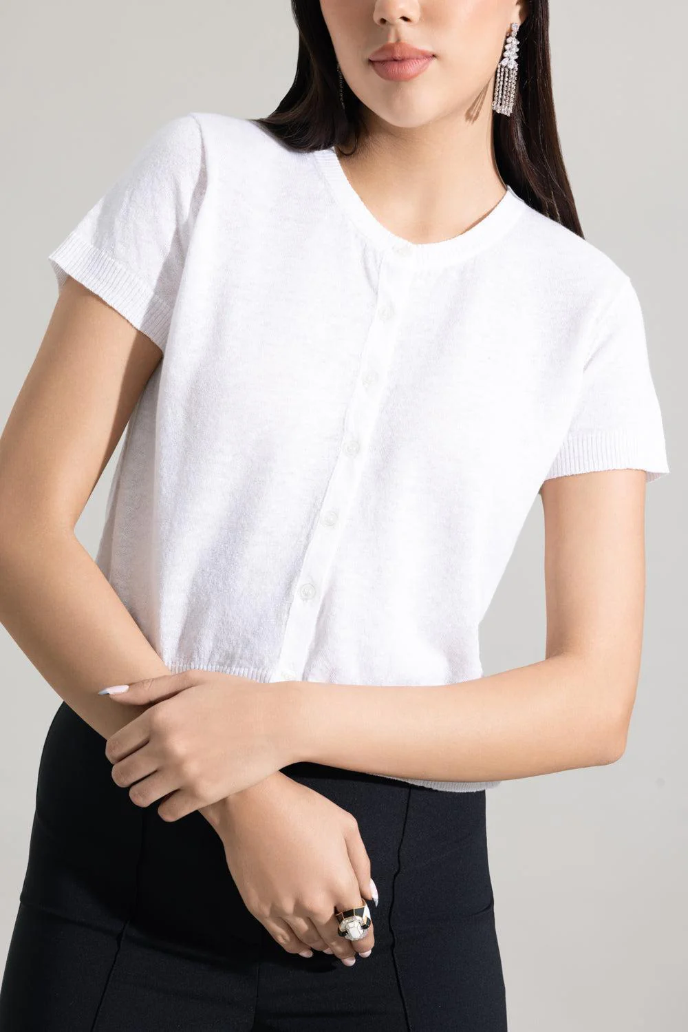 Short Sleeve Crop Cardigan - White - Image 3