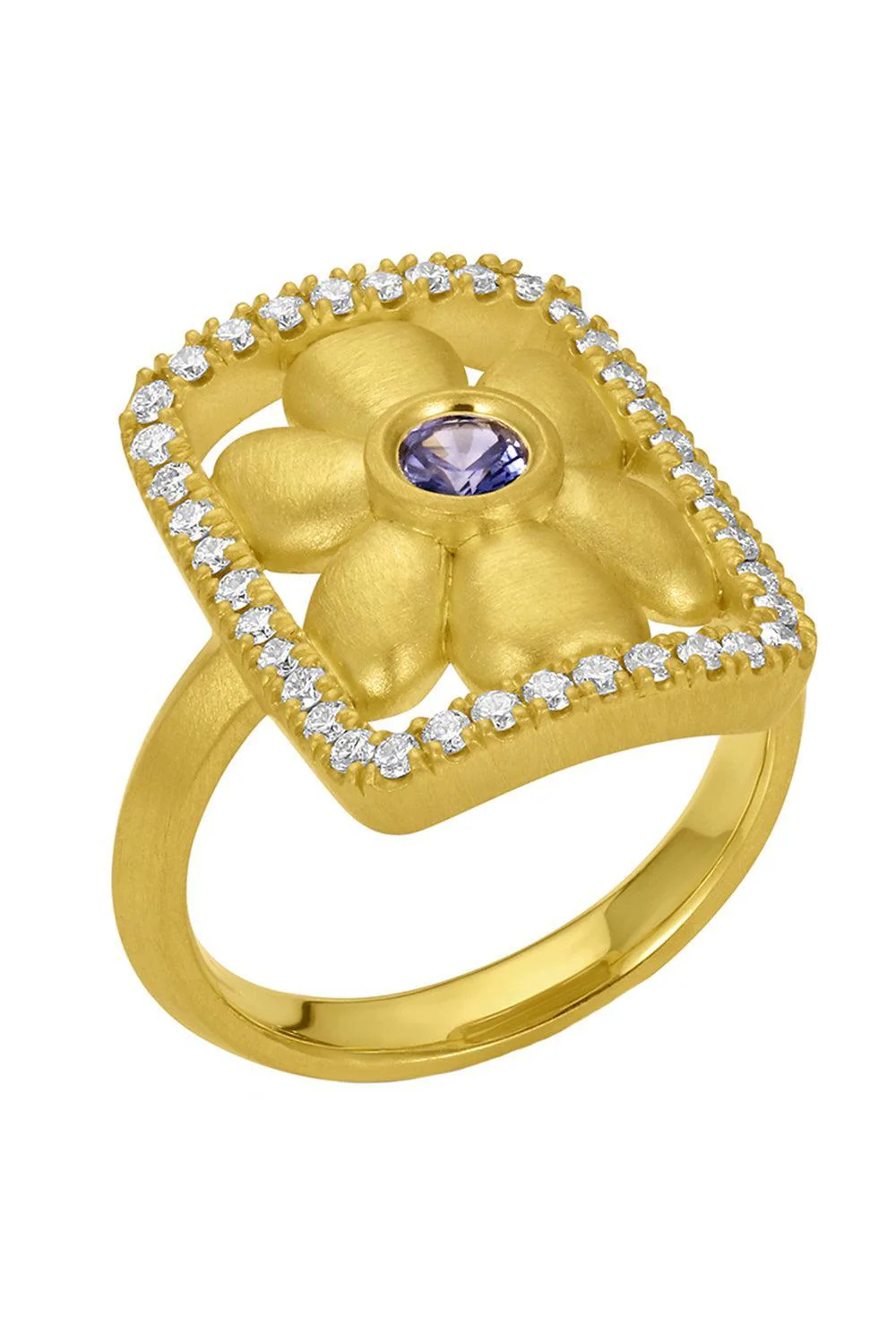 Blue Sapphire Diamond Flower Frame Ring