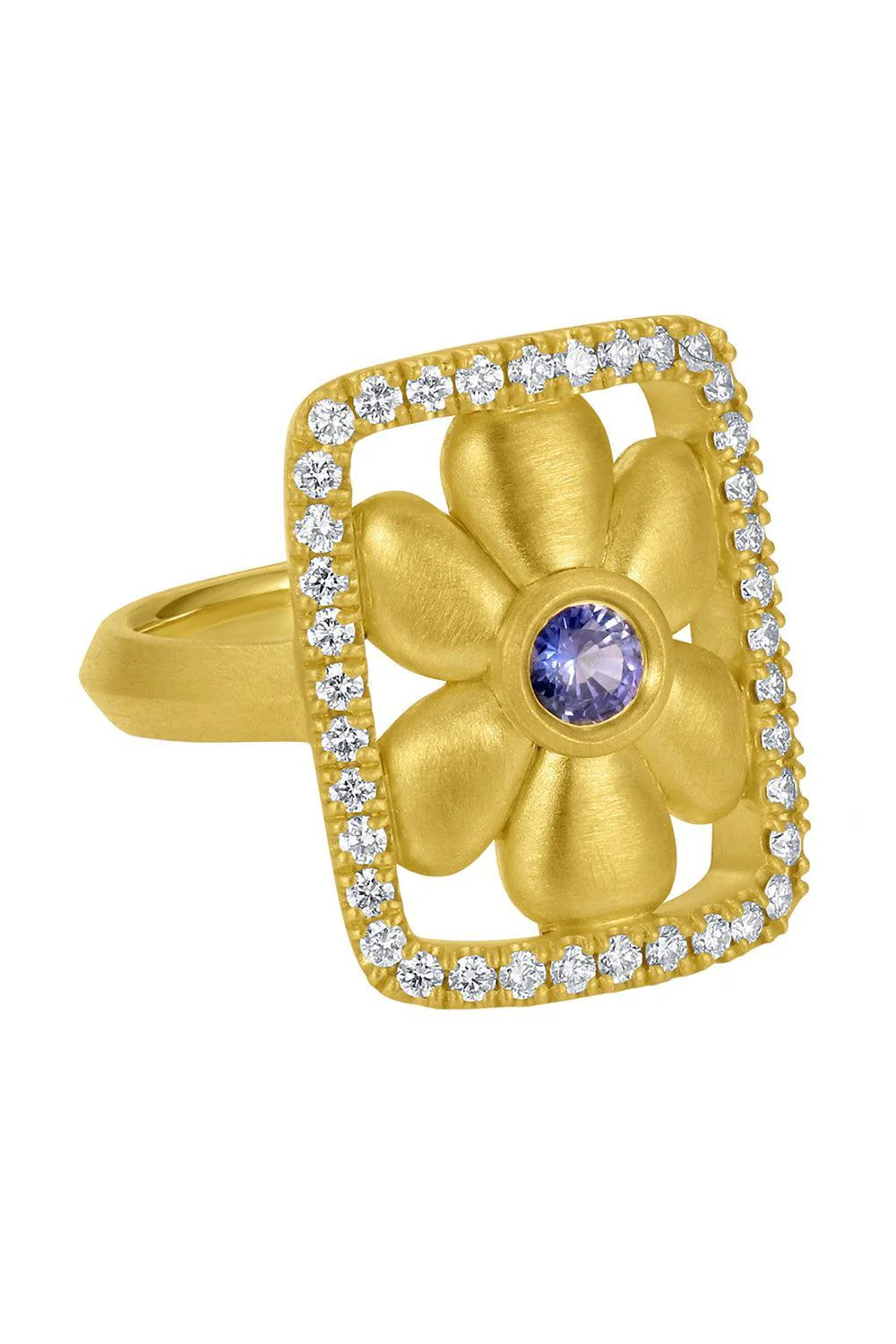 Blue Sapphire Diamond Flower Frame Ring - Image 4
