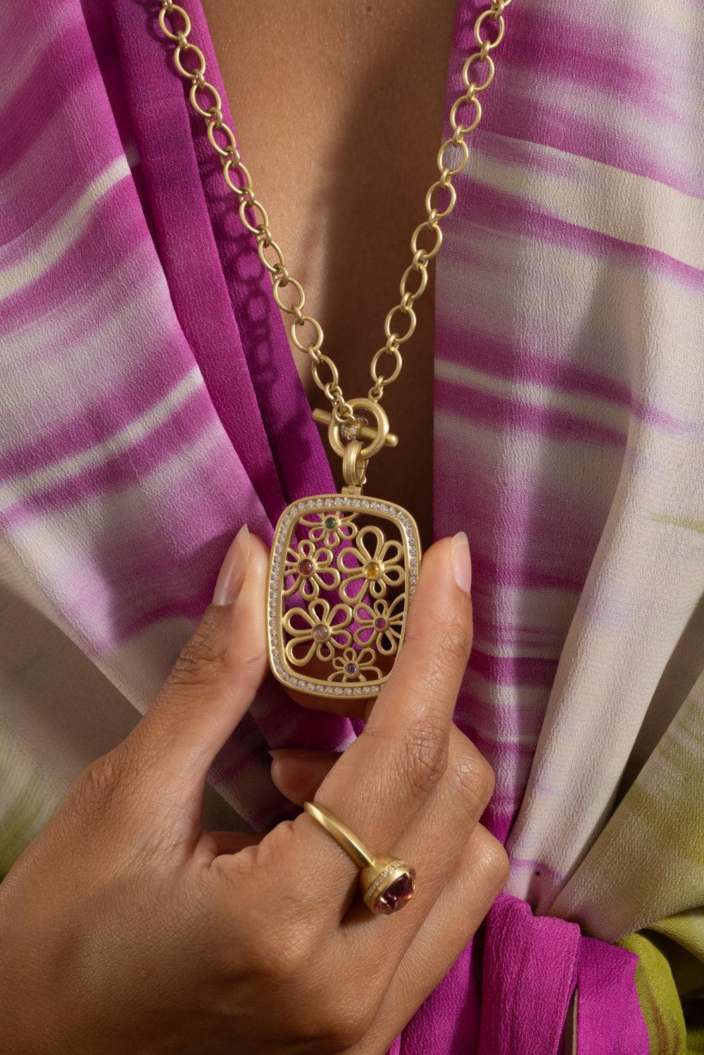 Multi Sapphire Diamond Flora Frame Pendant - Image 4