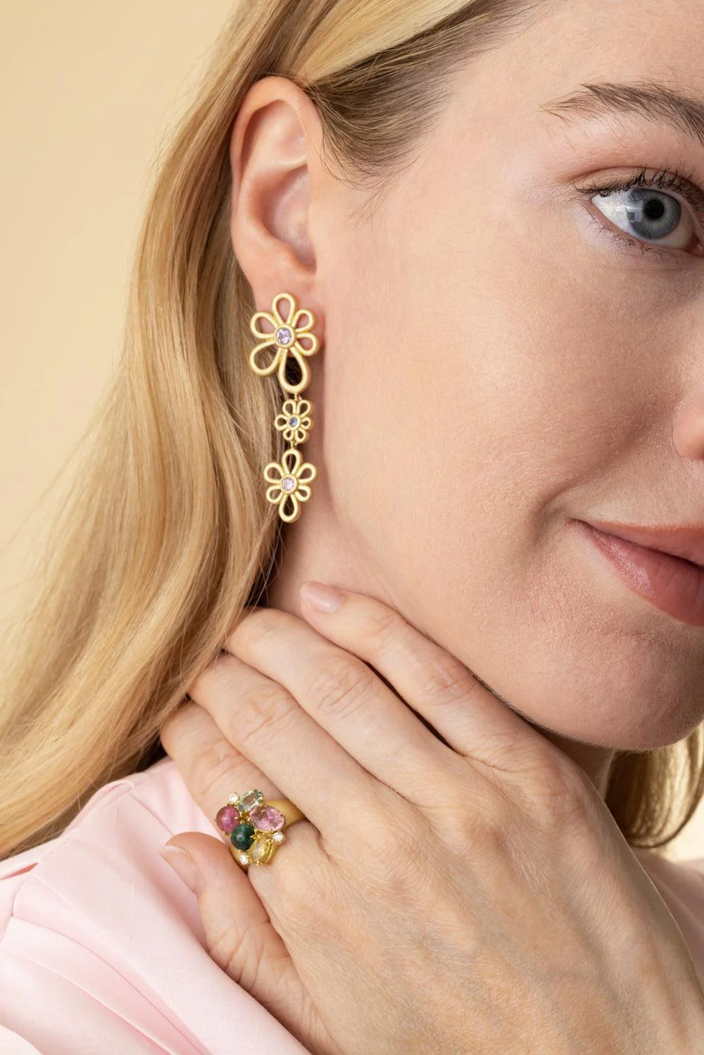 Multi Sapphire Long Flora Earrings - Image 2