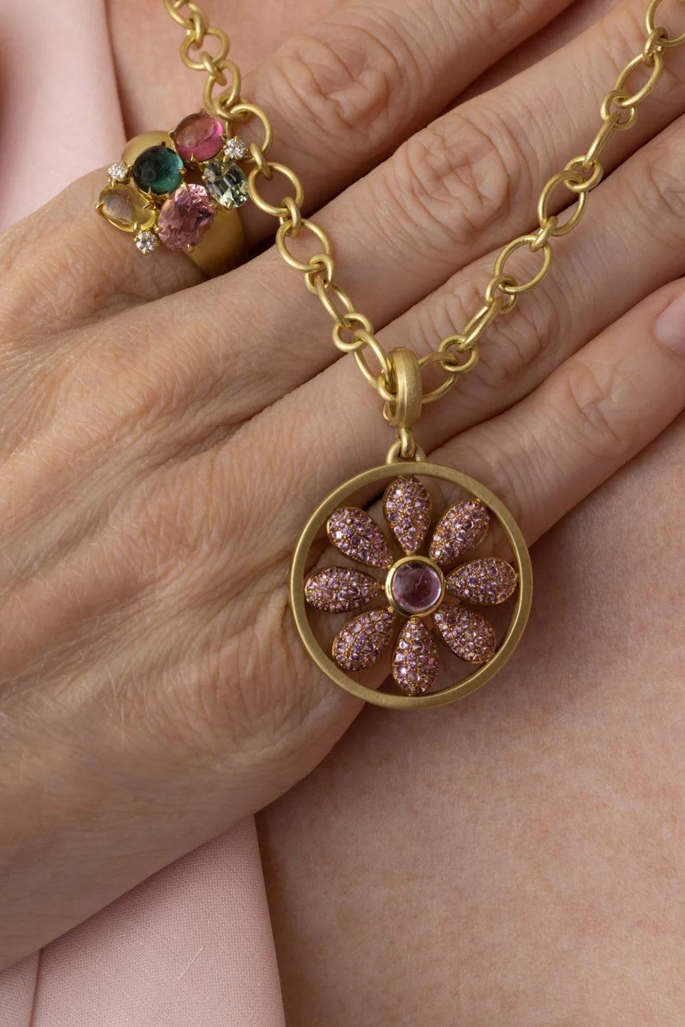 Pink Sapphire Diamond Flora Pendant - Image 3