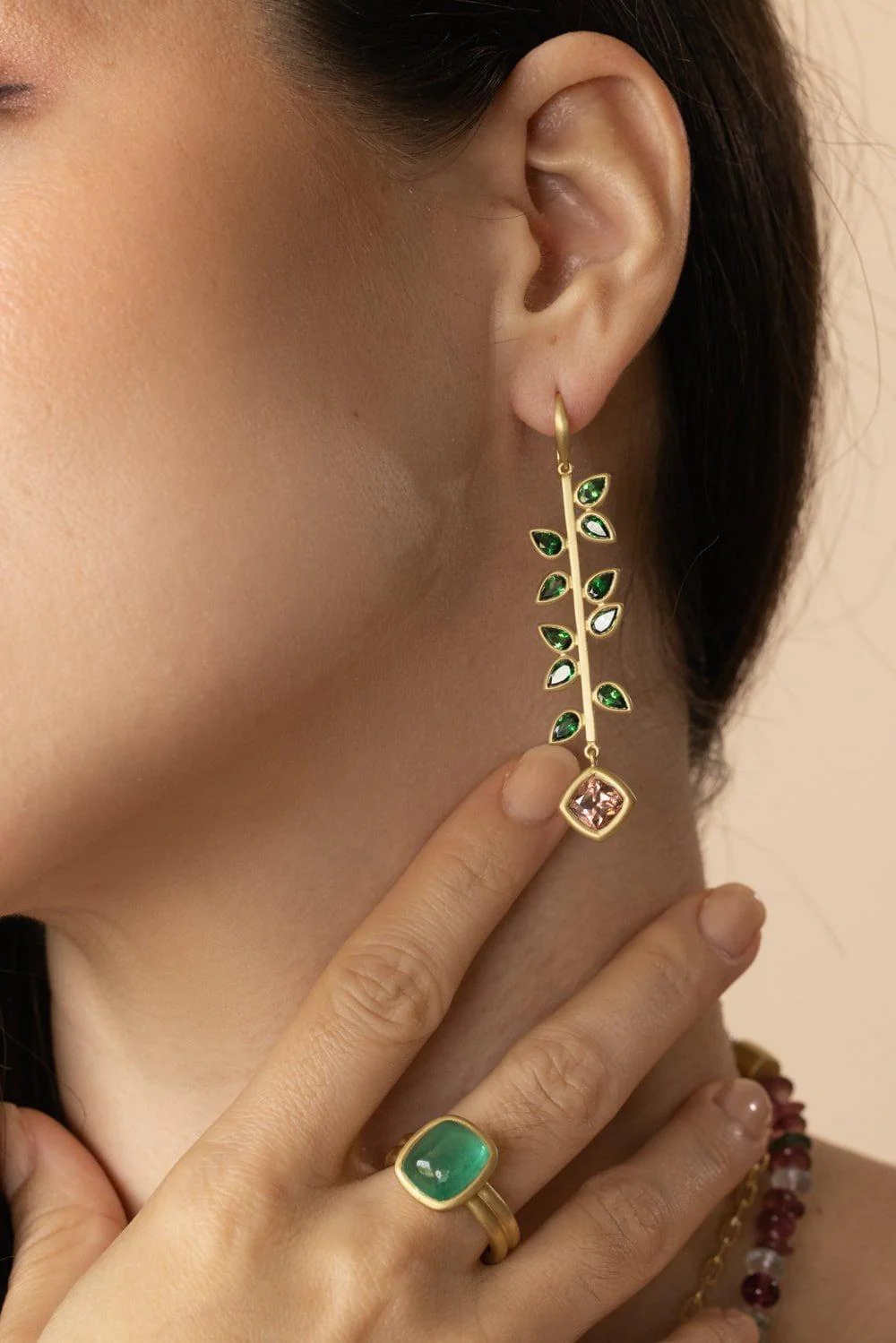 Tsavorite Garnet Rose Zircon Bahari Stick Earrings - Image 2