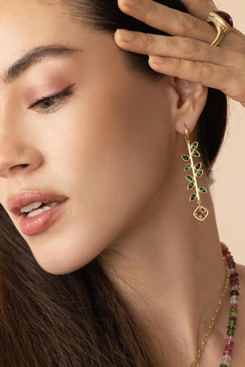 Tsavorite Garnet Rose Zircon Bahari Stick Earrings - Image 4