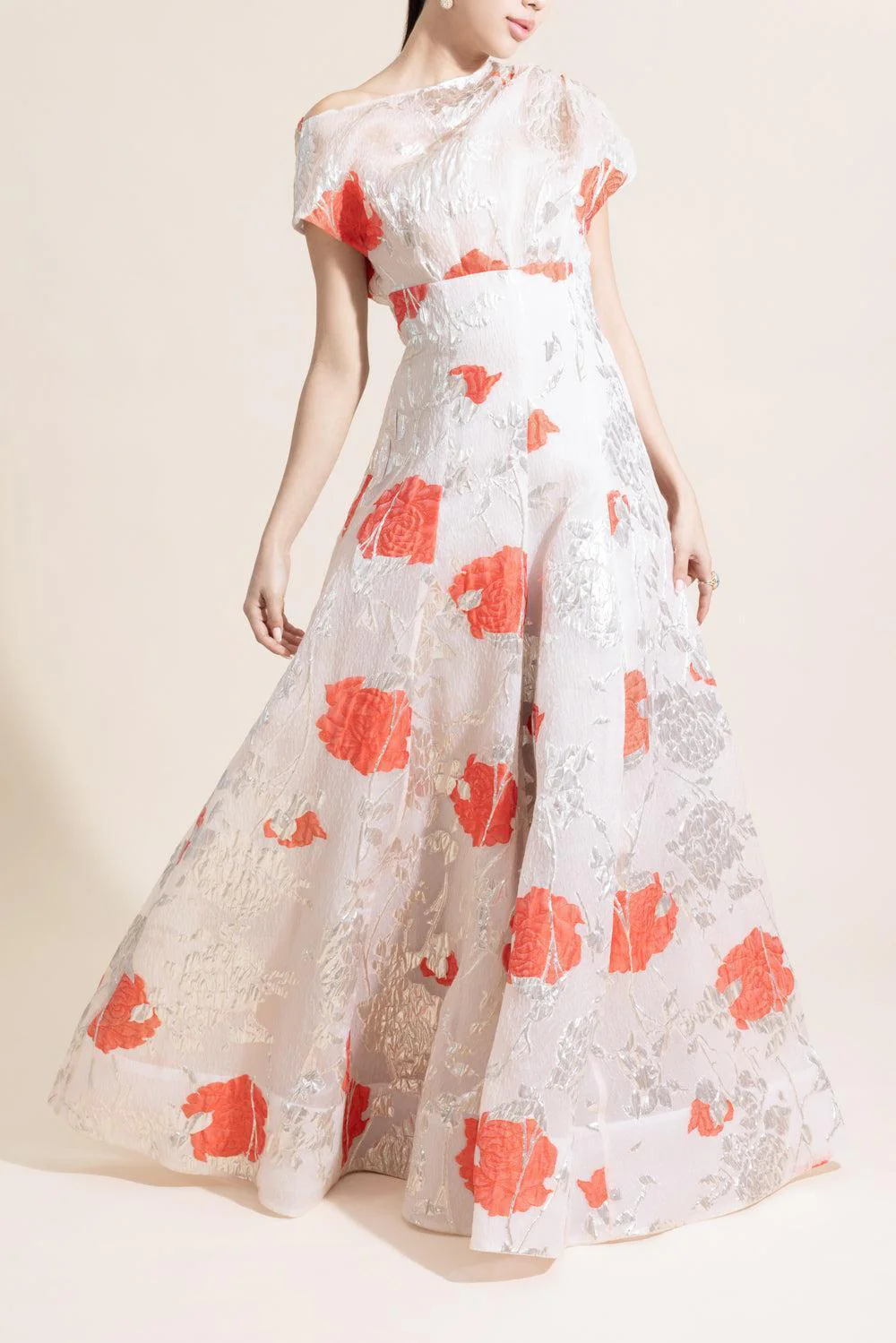 Floral Drape Shoulder Pleated Gown - Image 2