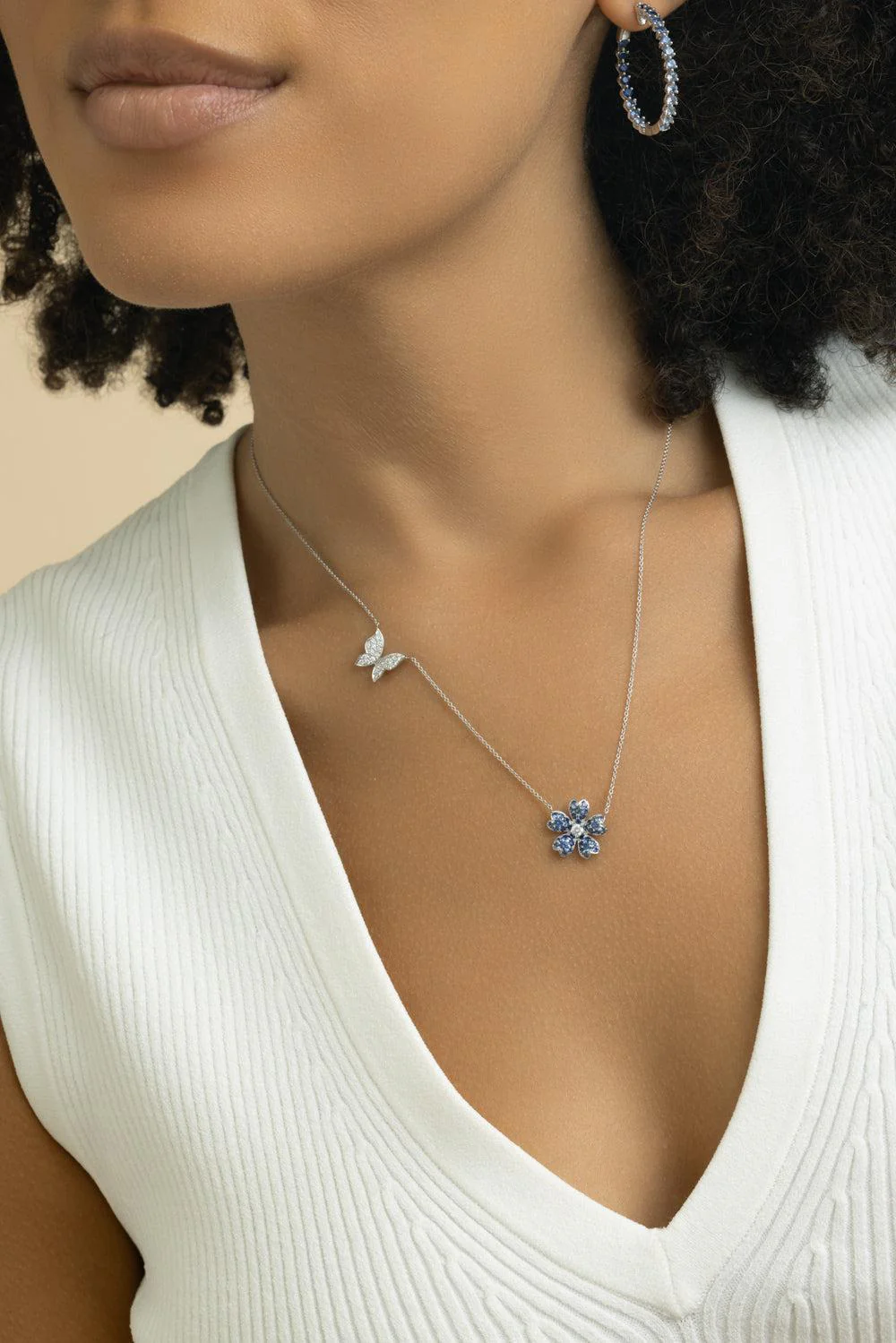 Blue Sapphire Flower Butterfly Necklace - Image 2