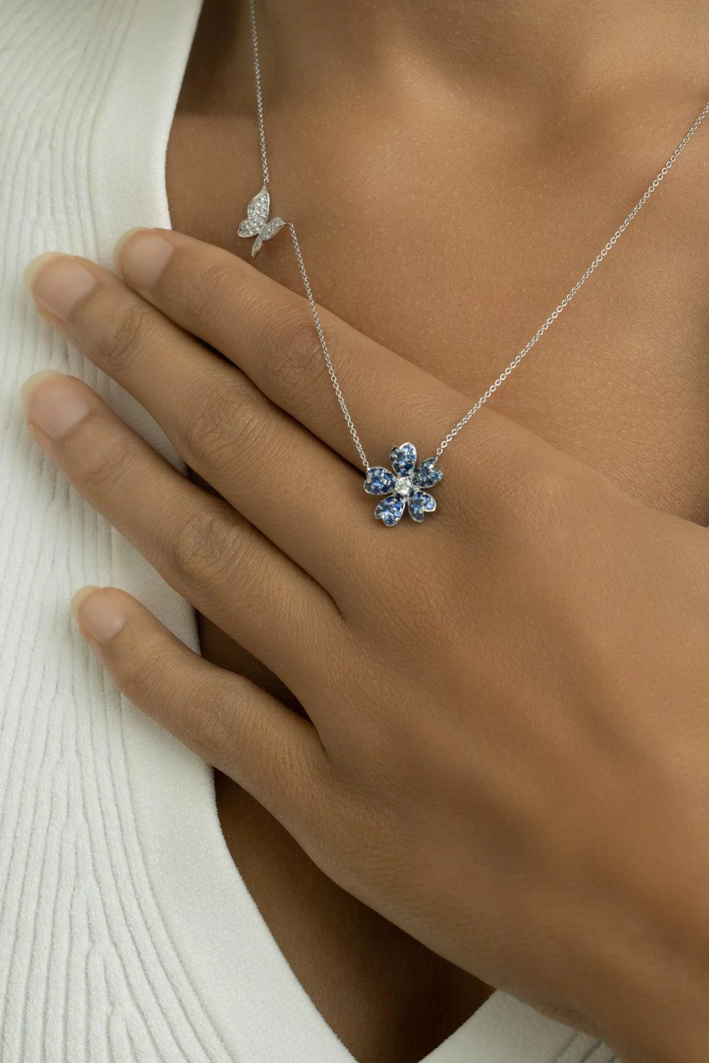 Blue Sapphire Flower Butterfly Necklace - Image 3