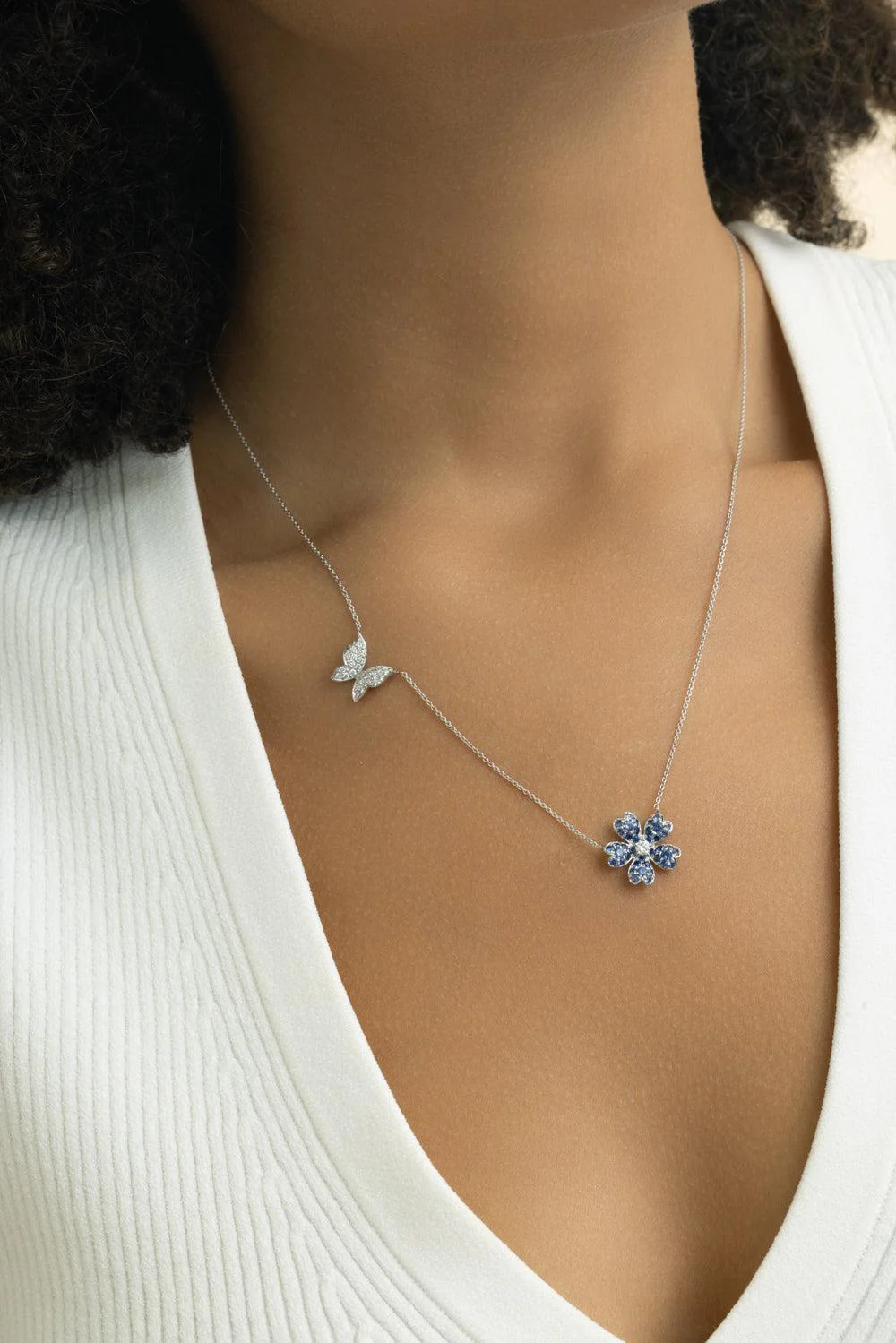 Blue Sapphire Flower Butterfly Necklace - Image 4