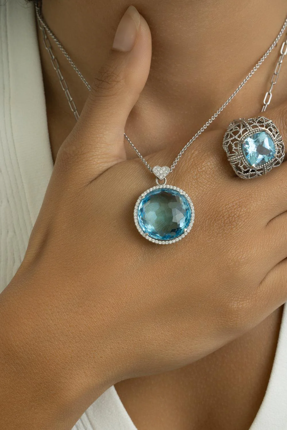 Blue Topaz Diamond Round Pendant Necklace - Image 2