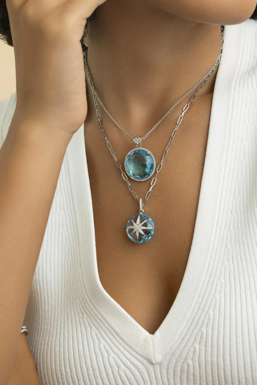 Blue Topaz Diamond Round Star Necklace - Image 3