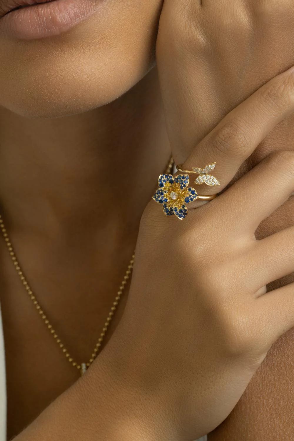 Blue Yellow Sappire Flower Butterfly Ring - Image 2