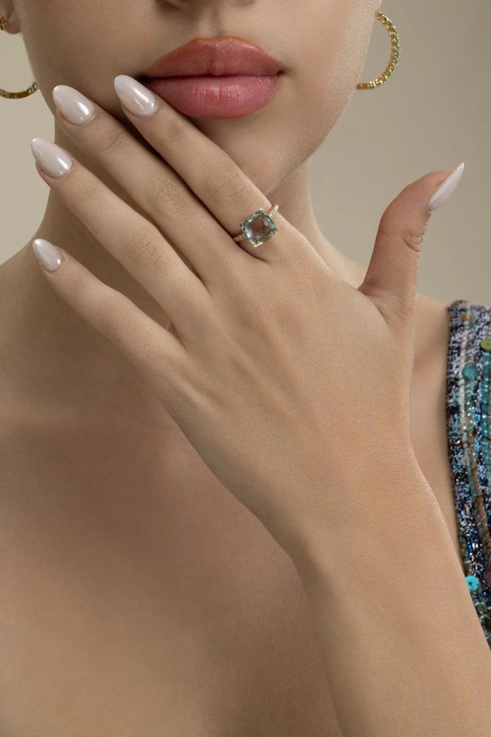 Diamond Green Quartz Cushion Ring - Image 2