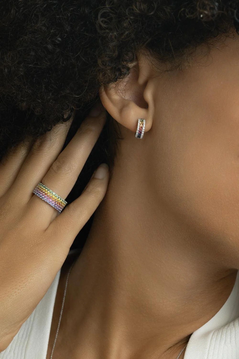 Rainbow Sapphire Diamond Hinge Hoop Earrings - Image 3