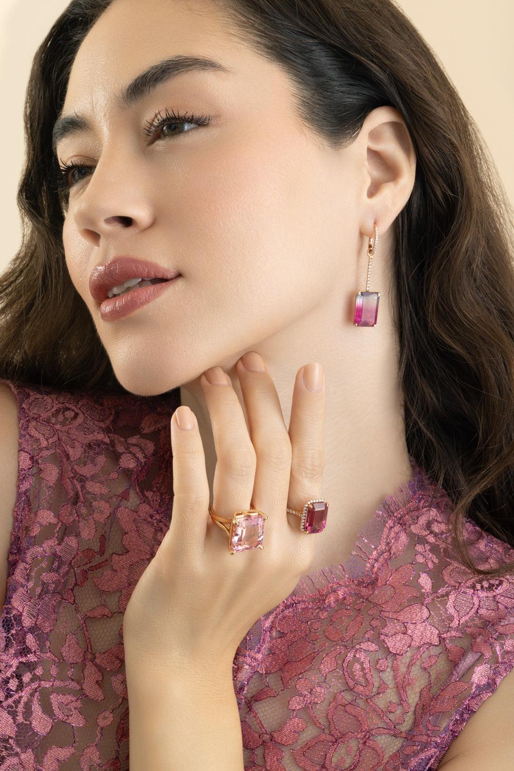 Watermelon Tourmaline Diamond Drop Earrings - Image 2