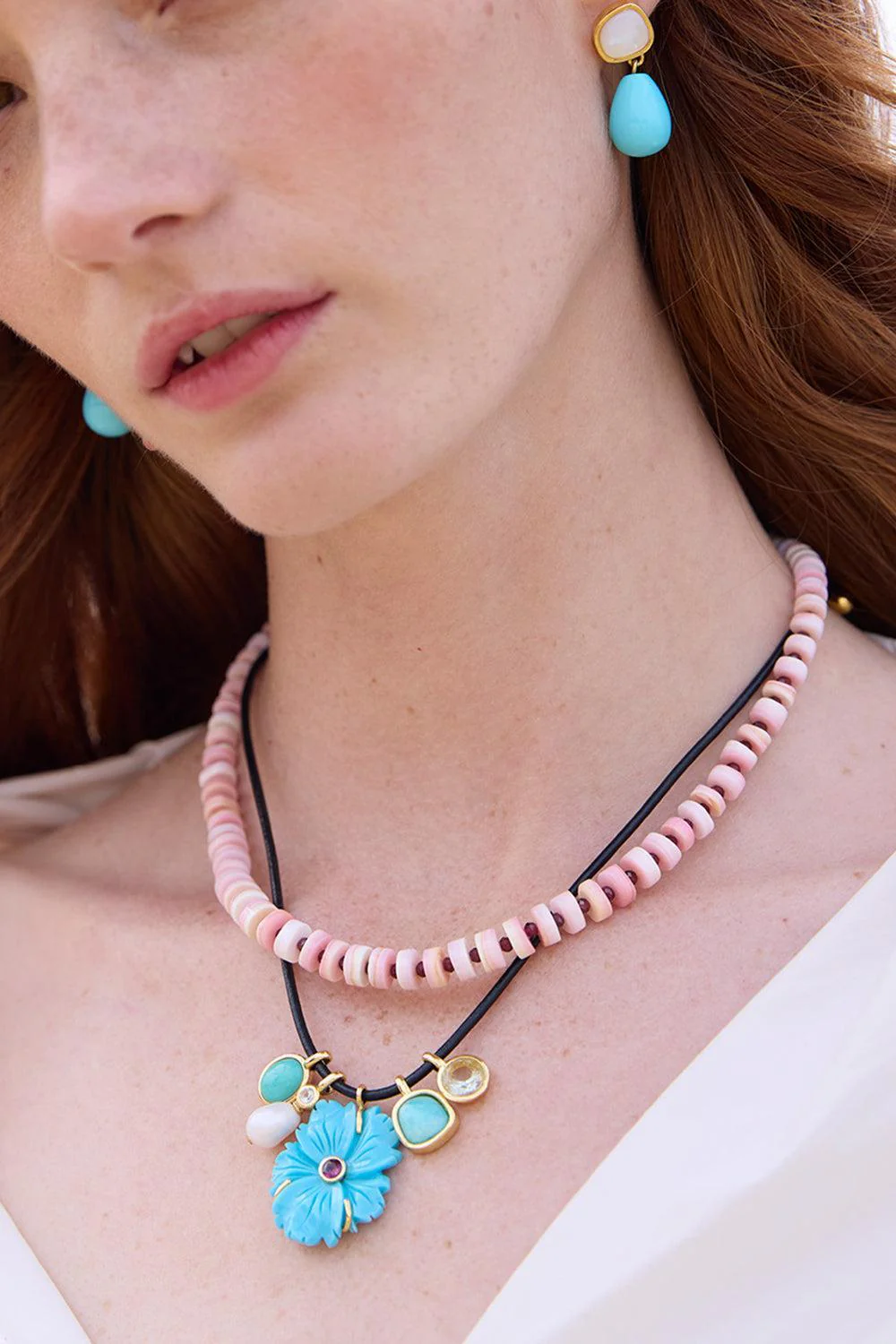 Turquoise Shibori Flower Necklace - Image 2
