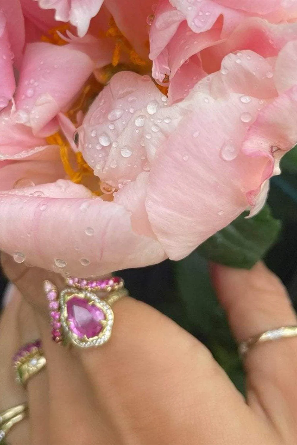 Baby Queen Full Pavé Halo Water Drop Pink Sapphire Ring - Image 5