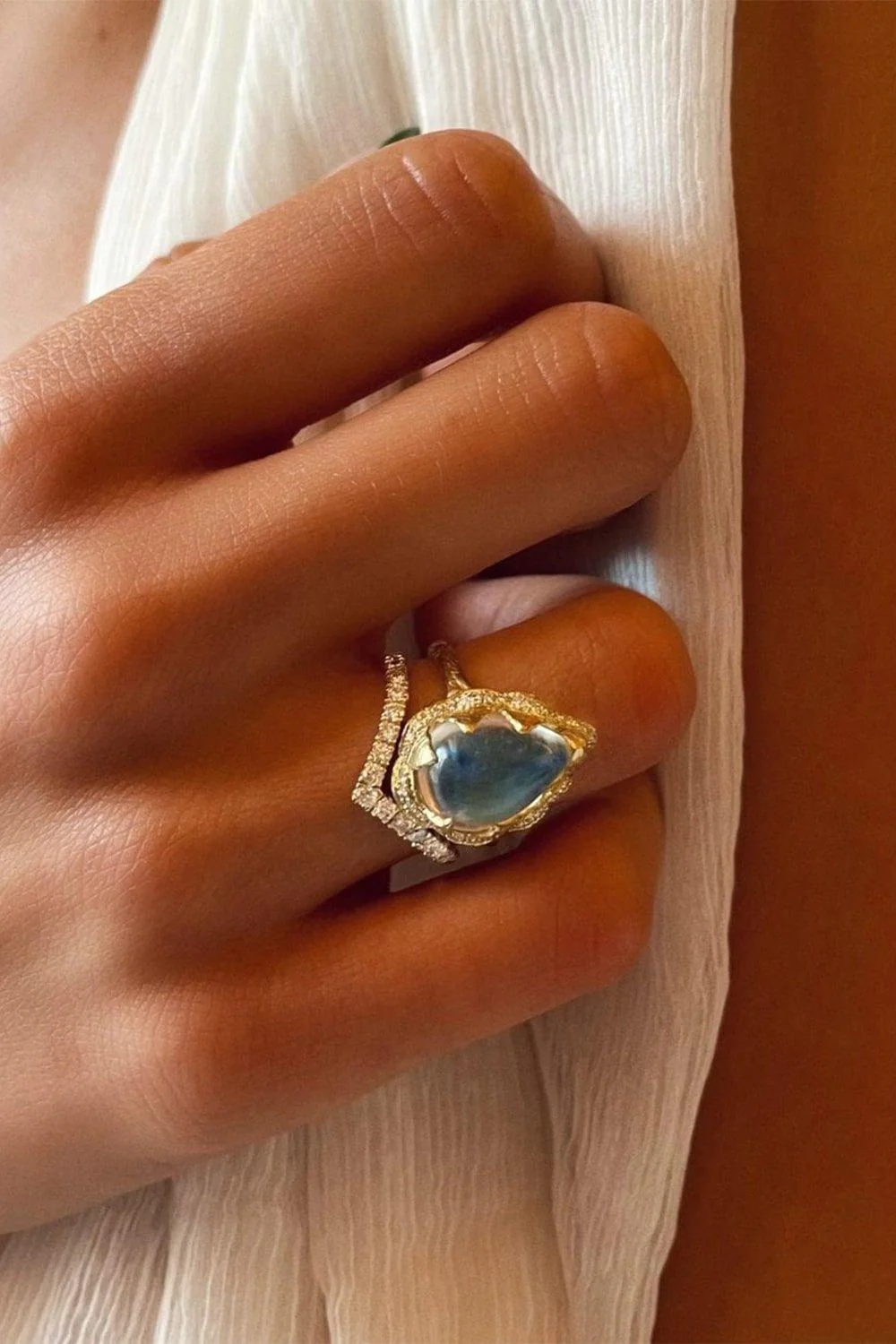 Queen Water Full Pavé Halo Drop Blue Moonstone Ring - Image 2