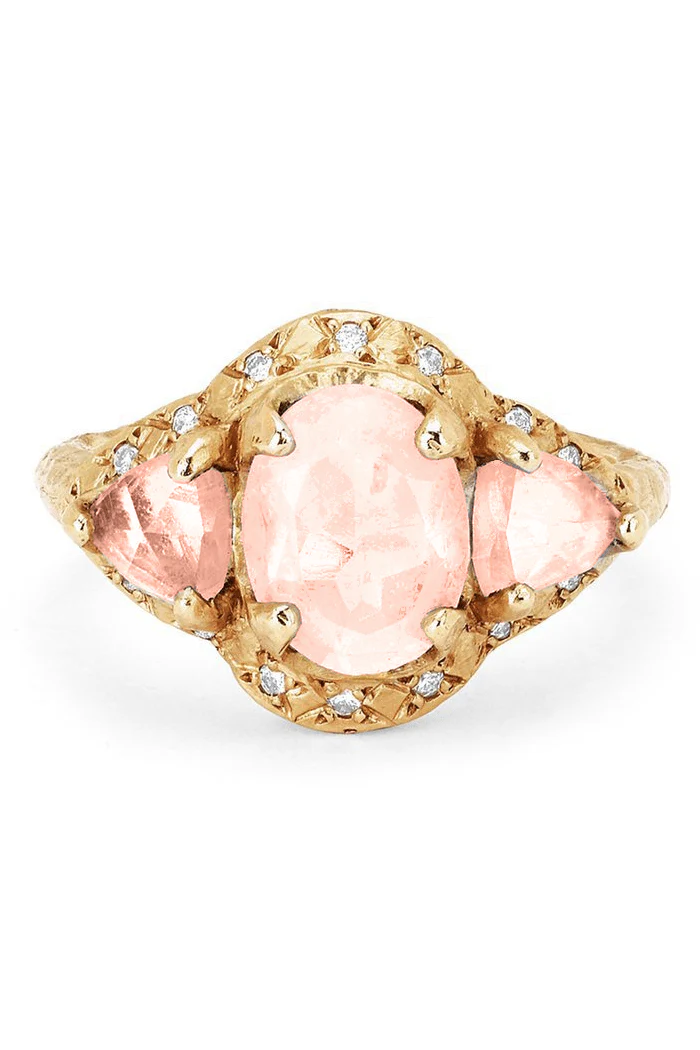 Sprinkled Diamond Triple Goddess Trillion Morganite Ring