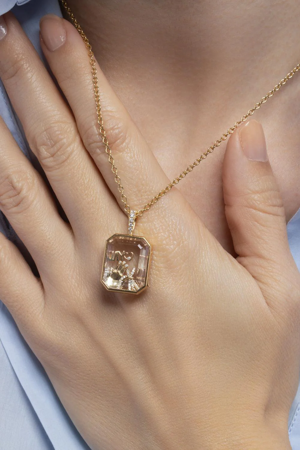 Diamond Baguette Locket Figaro Chain Necklace - Image 3