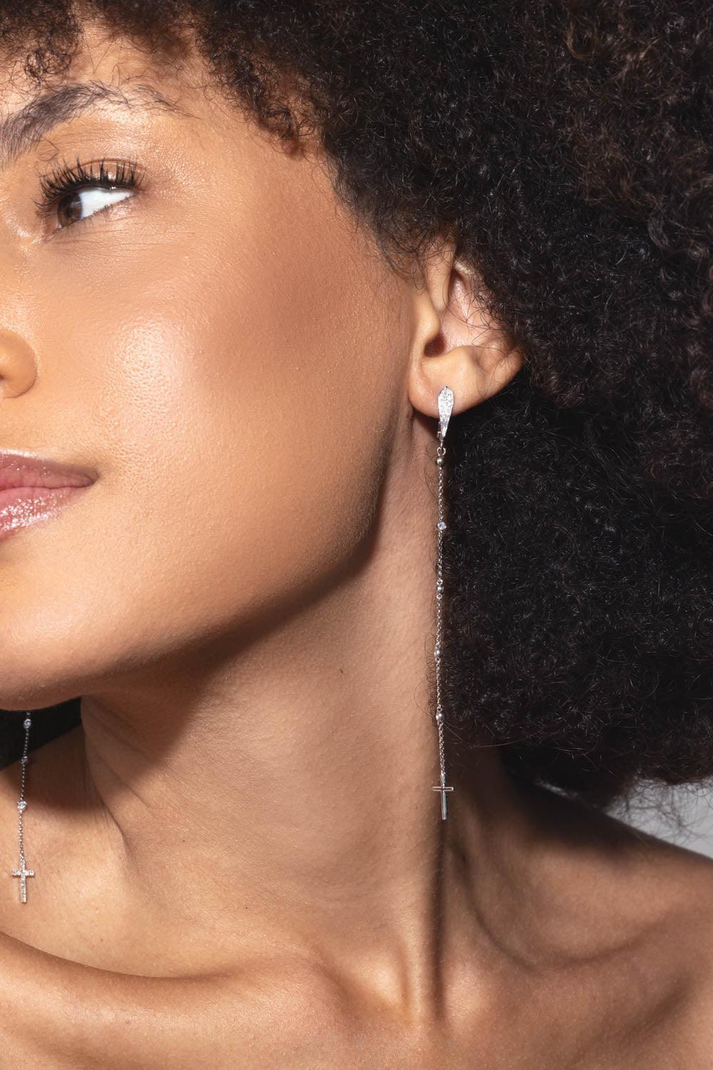 Diamond Long Drop Cross Earrings - Image 2