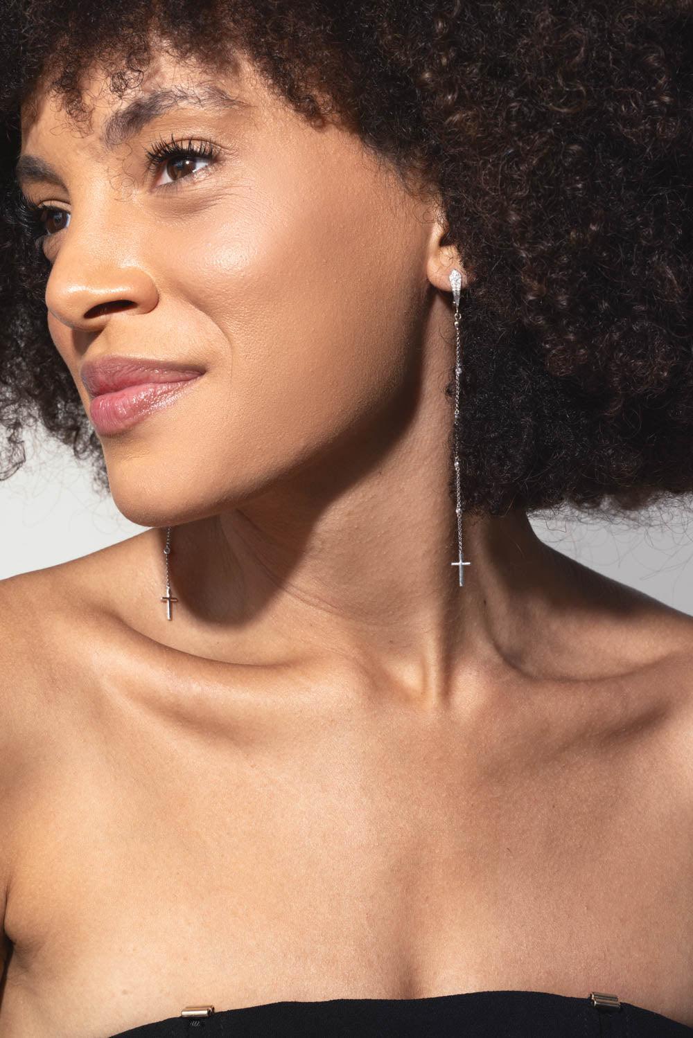 Diamond Long Drop Cross Earrings - Image 3