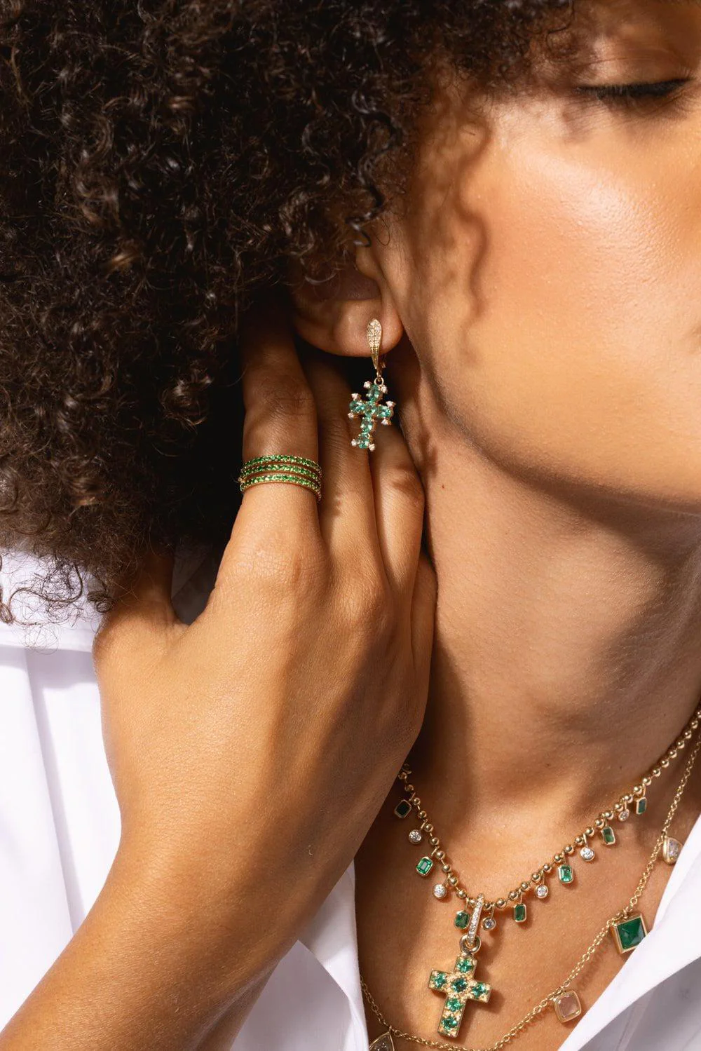 Emerald Diamond Cross Charm Hoop Earrings - Image 3