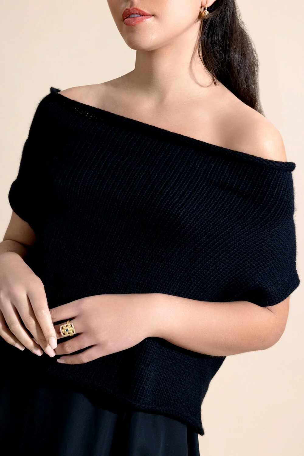 Off the Shoulder Knit Top - Black - Image 4