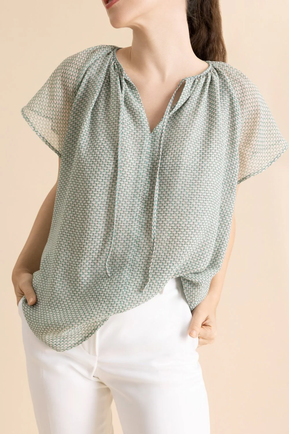 Lattice Flutter Cap Sleeve Blouse - Image 2