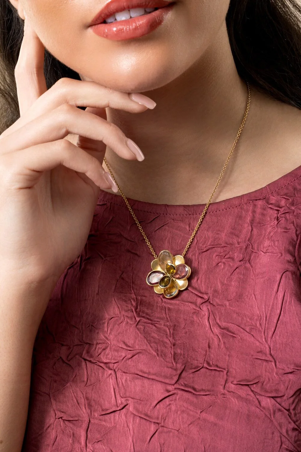 Mixed Tourmaline Flower Petali Pendant Necklace - Image 2
