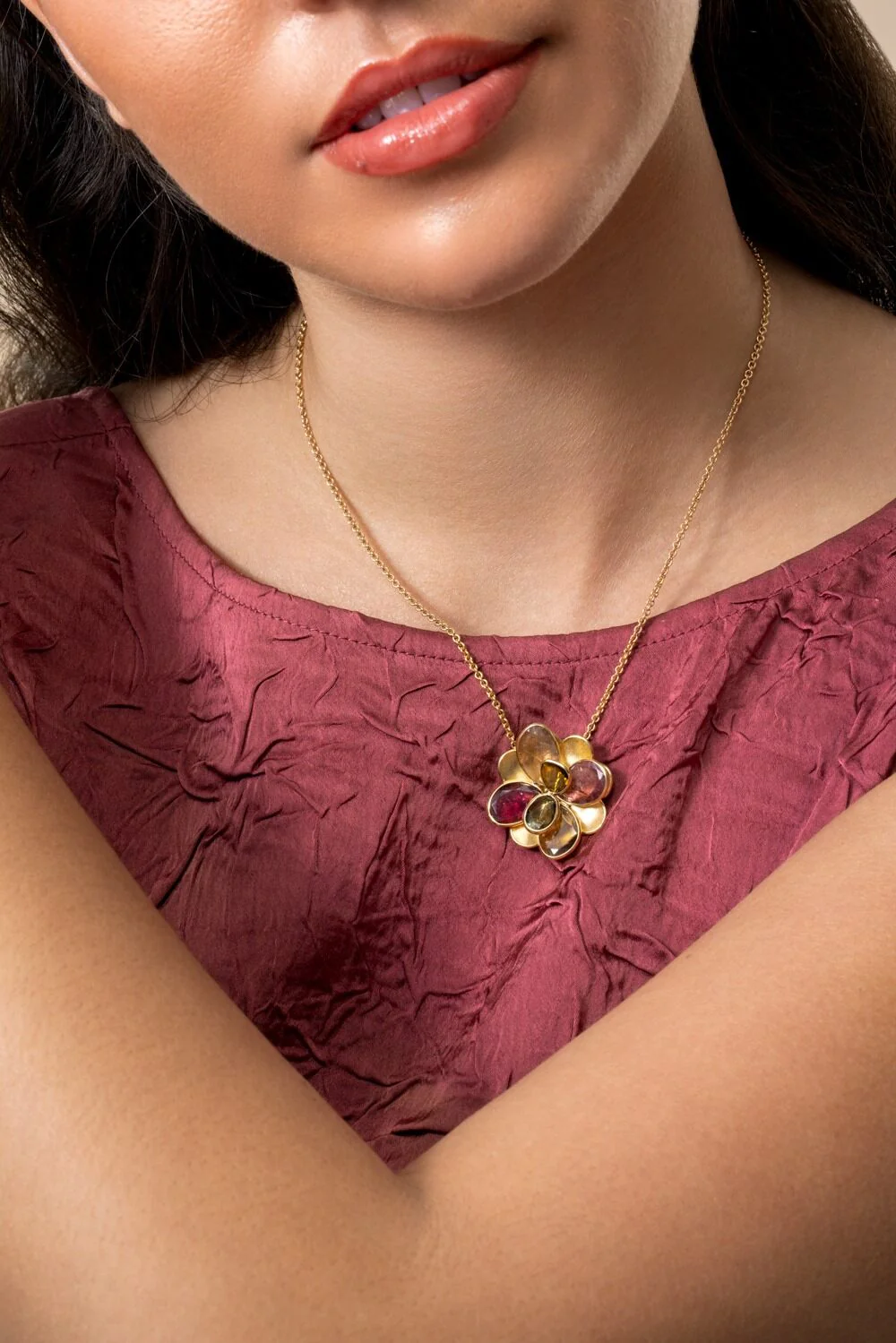 Mixed Tourmaline Flower Petali Pendant Necklace - Image 3
