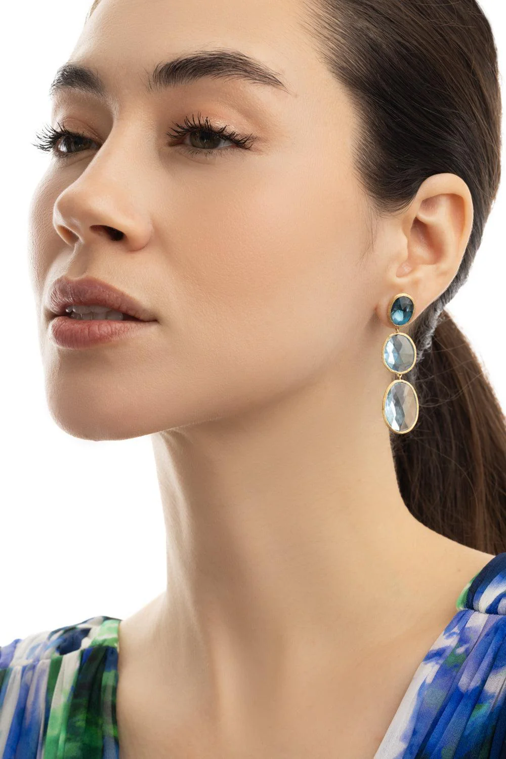 Three-Stone Mixed Topaz Lunaria Earrings - Image 2