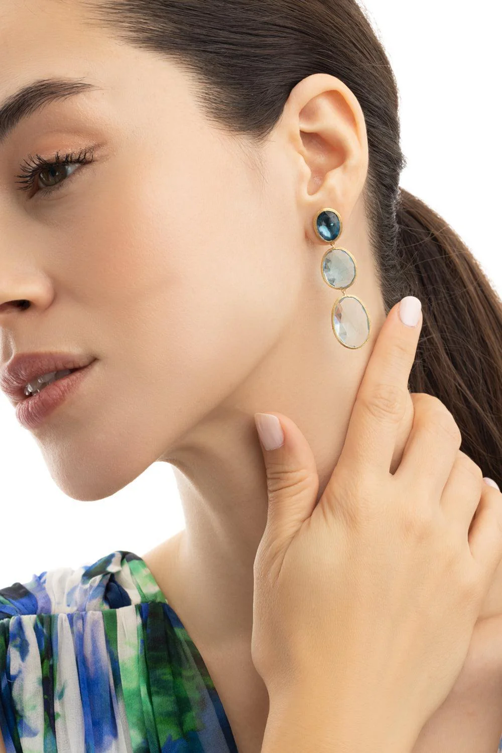 Three-Stone Mixed Topaz Lunaria Earrings - Image 4
