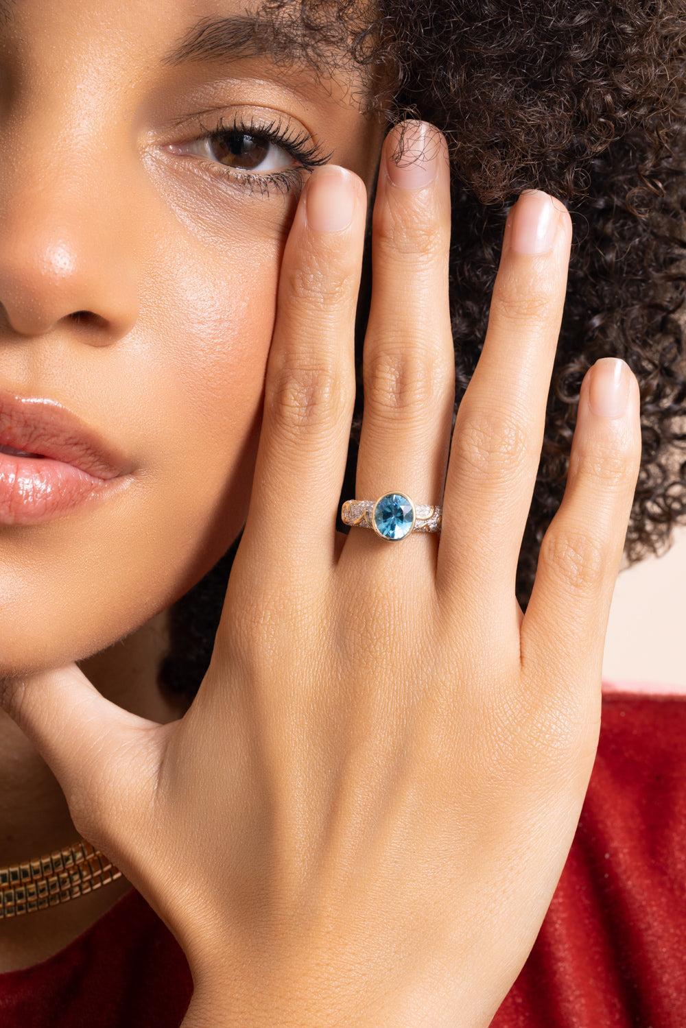 Swiss Blue Topaz Diamond Ondine Ring - Image 2