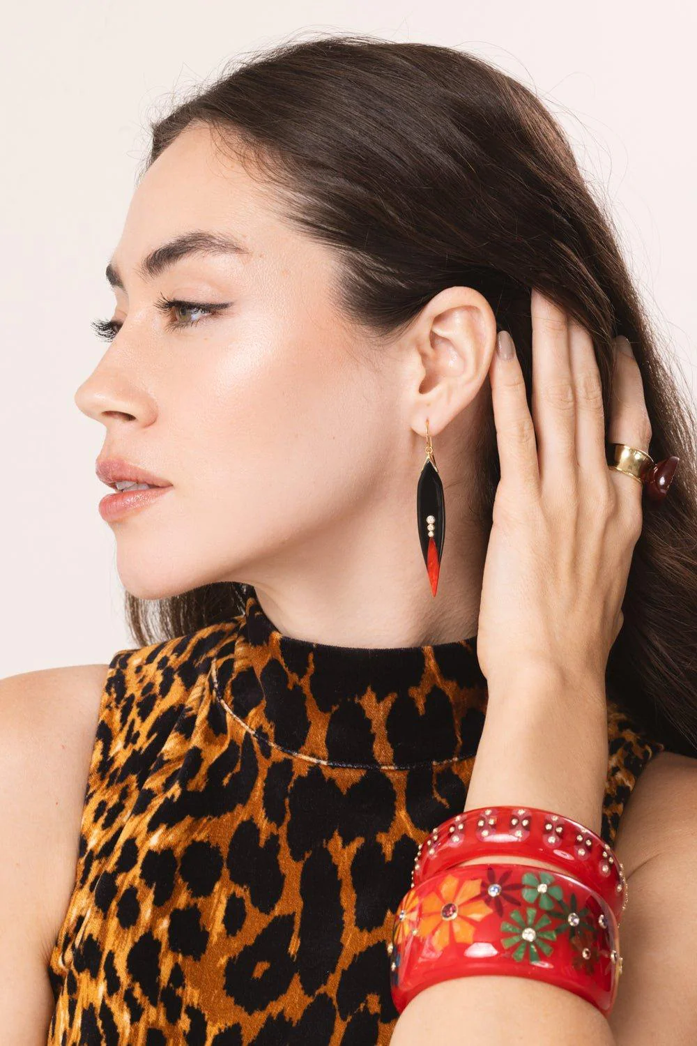 Diamond Black Red Bakelite Earrings - Image 3