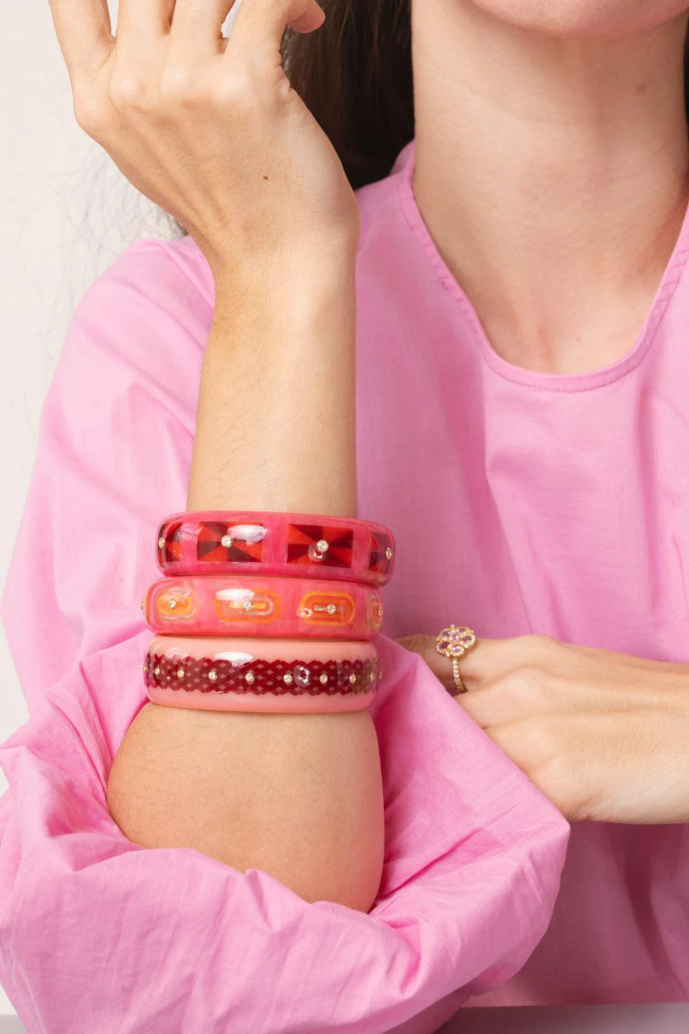 White Topaz Pink Yellow Bakelite Bangle - Image 3