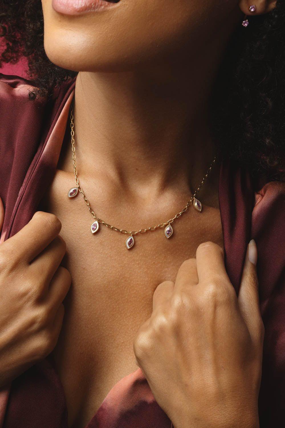 MARQUISE PINK SAPPHIRE EYE PENDANT NECKLACE - Image 3
