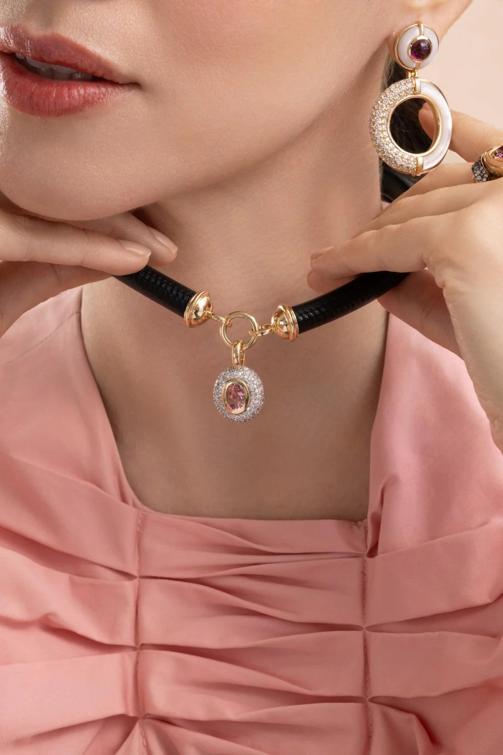 Diamond Pink Tourmaline Floret Oval Pendant - Image 4