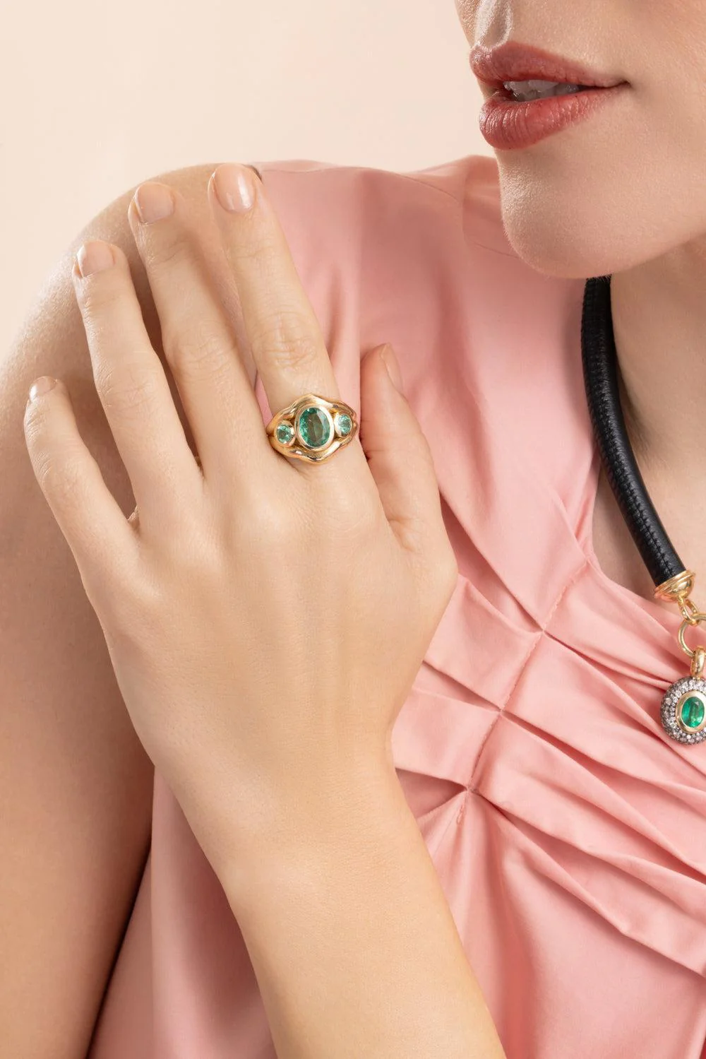 Emerald Tourmaline Three Stone Ring - Image 2
