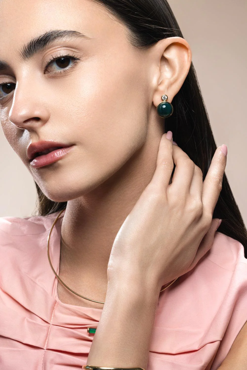 Green Onyx Diamond Siren Stud Earrings - Image 2