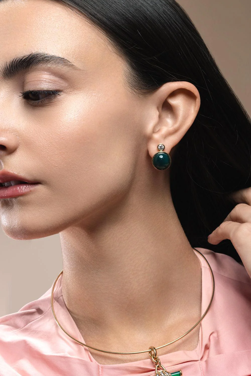 Green Onyx Diamond Siren Stud Earrings - Image 4