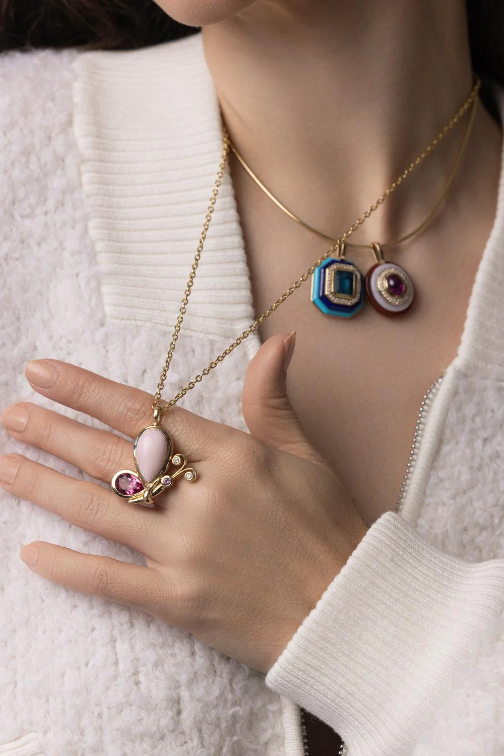 Small Pink Topaz Butterfly Effect Pendant Necklace - Image 2