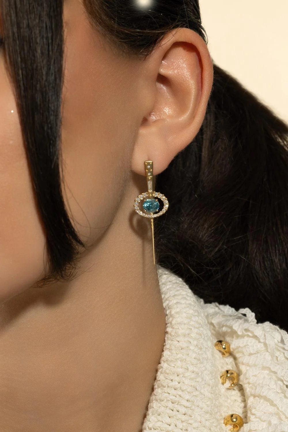 Diamond Blue Zircon Clear Skies Long Orbit Earrings - Image 4