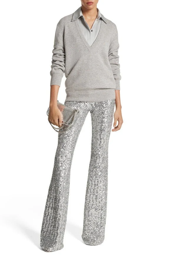 Side Zip Sequin Flare Pant - Silver - Image 3