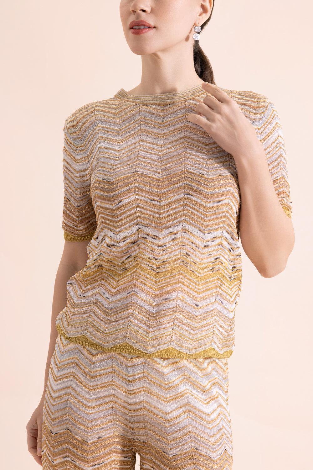 Short Sleeve Crew Neck Top - Gold - Image 2