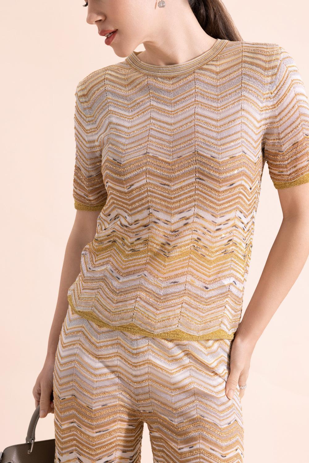 Short Sleeve Crew Neck Top - Gold - Image 3