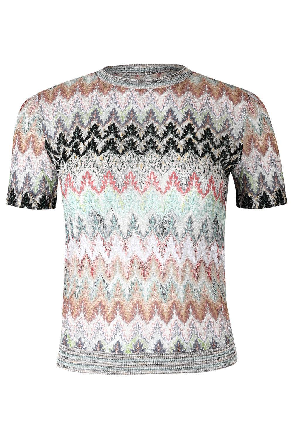 Short Sleeve Crew Neck Top - White Pink Blue