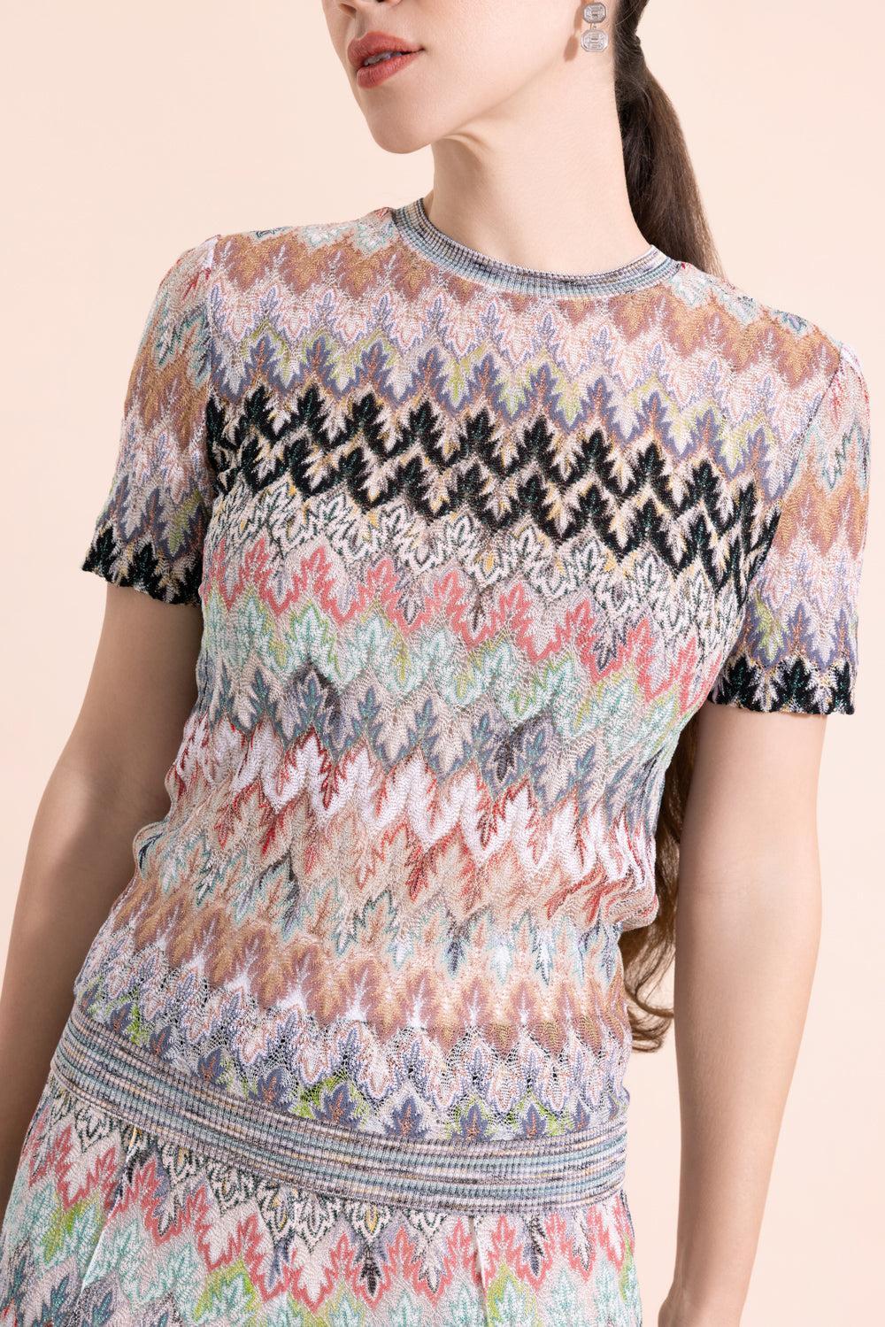 Short Sleeve Crew Neck Top - White Pink Blue - Image 3