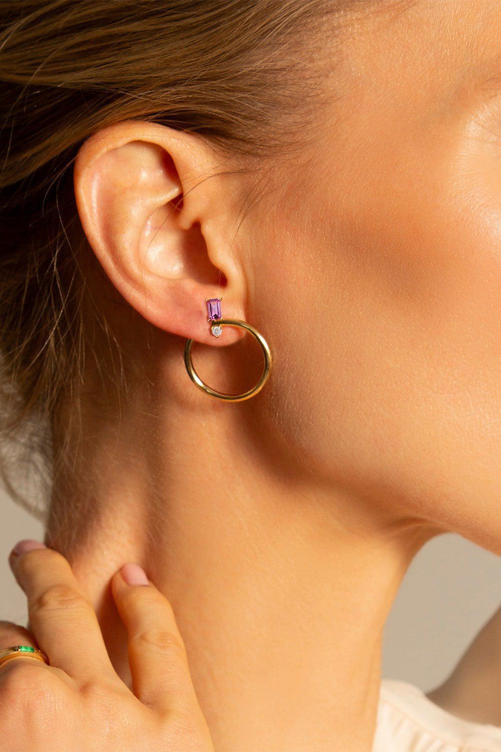 Large Pink Sapphire Galaxy Wrap Hoop Earrings - Image 2