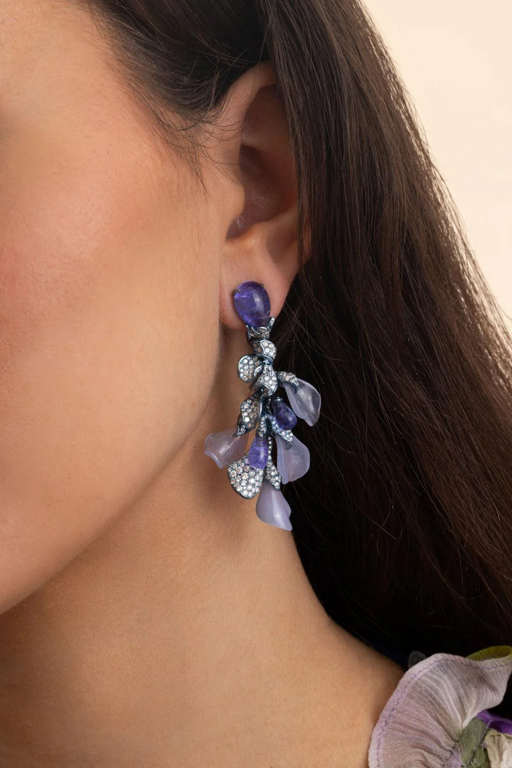 Tanzanite Diamond Gemma Izumi Floral Drop Earrings - Image 4