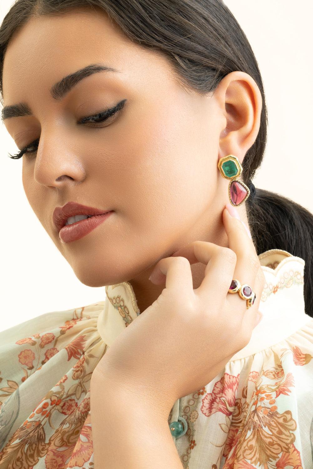 Emerald Rubellite Double Orbit Kite Earrings - Image 2